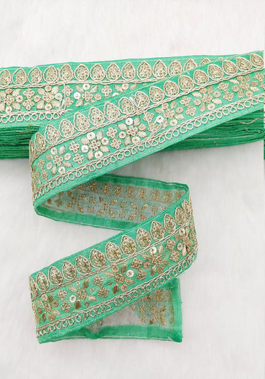 Green Art Silk Fabric Trim With Gold Floral Embroidery, Floral Sequins Sari Border, Trim By 9 Yards